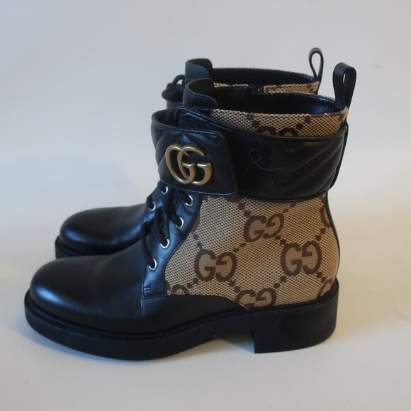 Womens Gucci Flores Ebony Mocha Guccissima Canvas Leather Moto Booties 3… - Picture 3 of 16